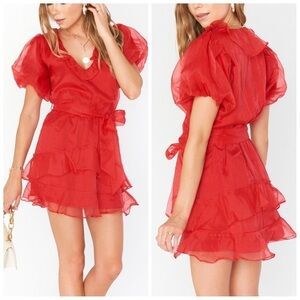 Show Me Your Mumu Jennie Ann Ruffle Red Organza Puff Sleeves Tulle Mini Dress
